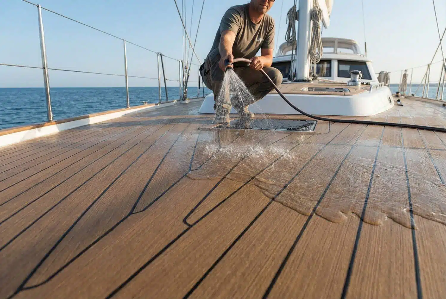 Kunststof teakdek afspoelen met zoet water na varen